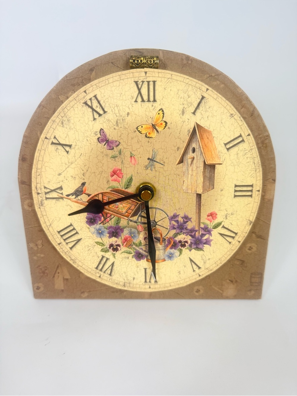 Arched Mantel Clock Featuring Rustic Floral & Birdhouse Graphic W/Roman Numerals